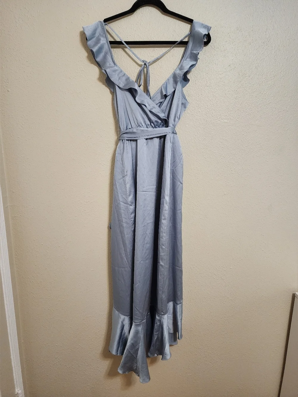 Show Me Your MuMu Samantha Ruffle Wrap Steel Blue Luxe Satin Dress S Wedding